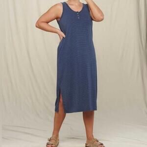 Toad & Co Stripe Henley Tank Midi Dress Poly Hemp Blend Women's Small Navy